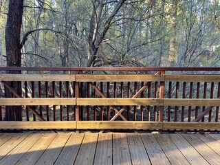 A tranquil scene of a wild forest featuring a rustic wooden footbridge, blending seamlessly with the natural surroundings, inviting exploration and a connection with nature.