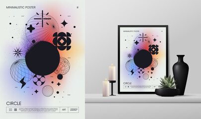 Vector gradient minimalistic rave Poster with strange wireframes graphic assets geometrical shapes Y2K design brutalism and mockup in the interior, 3d form spheres and circle with dissolving effect