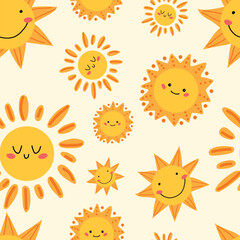 Seamless pattern with a cute sun. Different cute sunshine pattern. Summer positive children's pattern. Print for children's fabric, textile.