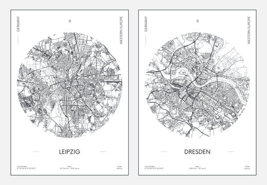 Travel poster, urban street plan city map Leipzig and Dresden, vector illustration