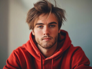 Obraz premium A man in a red hoodie looking at the camera.