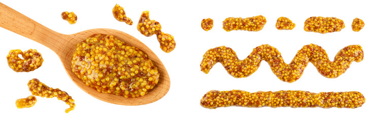 french mustard in wooden spoon isolated on white background with full depth of field. Top view....