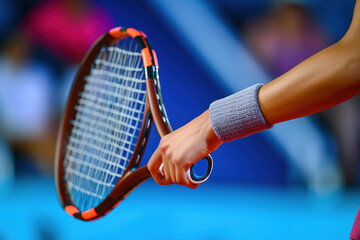 Close-up of female tennis player's hand gripping racquet.
