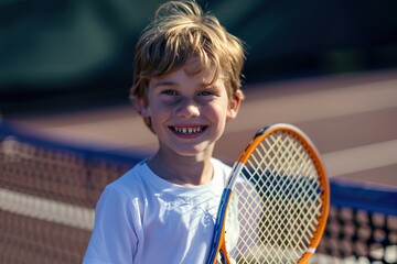 Happy boy holding tennis racket on court in sunlight.