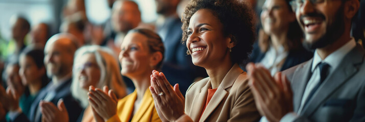 Diverse audience at a conference. Engaged multicultural group applauding, ideal for themes of inclusion and professional events