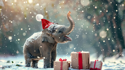A cute little baby elephant with a festive red cap trumpeting joyfully as it plays in the snow...
