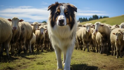 Australian Shepherd dog standing in front of a flock of sheep on a sunny day