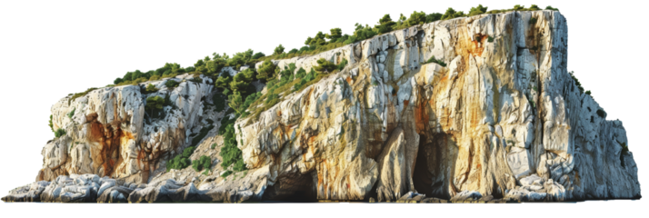 Imposing limestone cliffs with lush green foliage, sea cave entrance with transparent background