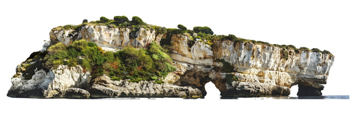 Coastal limestone cliffs adorned with dense greenery, serene seascape with transparent background