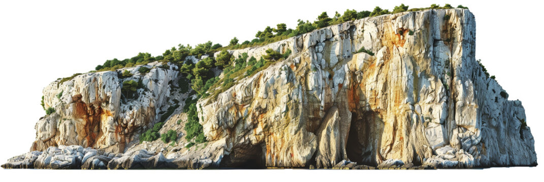 Imposing limestone cliffs with lush green foliage, sea cave entrance with transparent background