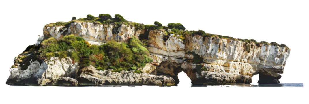 Coastal limestone cliffs adorned with dense greenery, serene seascape with transparent background