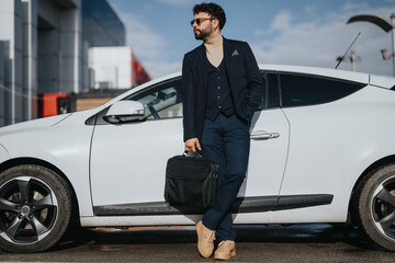 Elegant businessman with a briefcase standing next to a luxury white car under bright sky ready for...
