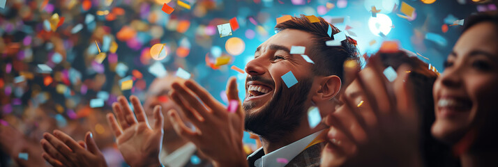 Joyful celebration at a vibrant party. The image captures a man smiling with confetti around, perfect for depicting happiness and entertainment in social and advertising contexts