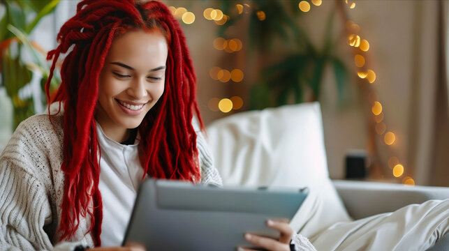 A woman with red dreadlocks using a tablet.