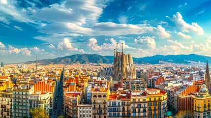 Obraz premium Panoramic View of a Bustling Cityscape with Iconic Architecture under a Blue Sky. Ideal for Travel and Tourism. Captured from Above. AI