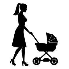 a woman walking with her baby sitting on the baby wheel car vector silhouette