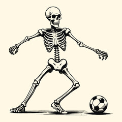 Skeleton Shooting Soccer Ball Vintage Engraved Illustration