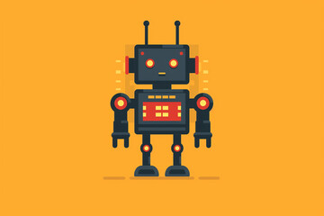 A robot with red and black parts stands on a yellow background