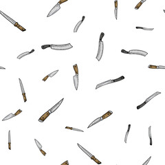 knife seamless pattern background sketch engraving PNG illustration. T-shirt apparel print design. Scratch board imitation. Black and white hand drawn image.