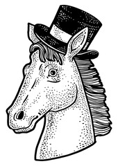 horse in the cylinder hat sketch engraving PNG illustration. T-shirt apparel print design. Scratch board imitation. Black and white hand drawn image. © Oleksandr Pokusai