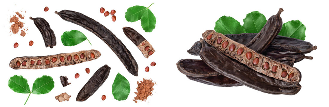 Ripe carob pods and bean isolated on white background with  full depth of field. Top view. Flat lay
