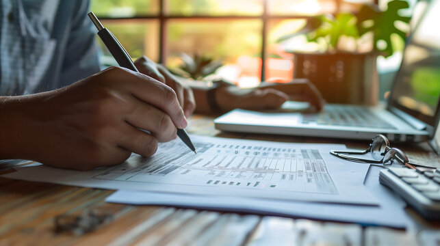 Financial research. Government taxes and calculation tax return concept. Businessman filling tax form