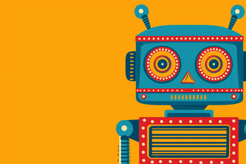 A robot with a yellow face stands in front of a yellow background