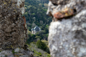 View of Buildings on the Hillside from a Rock Window in the Moorish Castle in Sintra Portugal