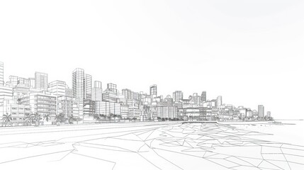 The black and white digital drawing of a cityscape in a minimalist style.