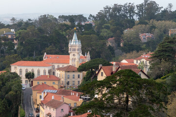 View of Colorful Buildings Surrounding a Tall Elegant Building in Sintra Portugal