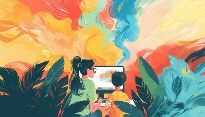 Mother and son at the laptop - cartoon people characters illustration on white background. Young parent helping her kid to do homework, learn