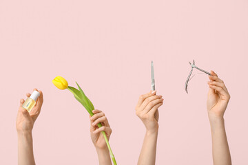 Female hands with bottle of cuticle oil, nail cutter and tulip on pink background
