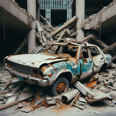 automobile anni 70 abbandonata distrutta arruginita su scenario di edificio in cemento abbandonato con macerie