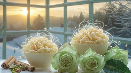   Bowls of food on table near window with snow view