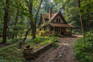 Exploring the hidden log cabin in the forest glade
