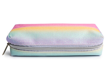 Colorful pencil case on white background