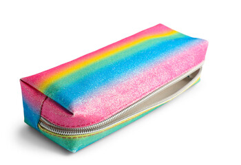 Colorful pencil case on white background