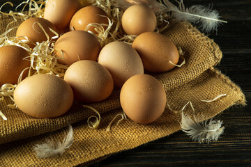 Lots of eggs between the feathers and wood shavings on the burlap. Preparing eggs for chicken...