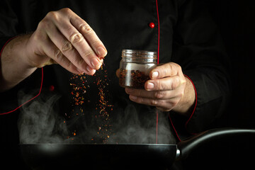 Adding aromatic dry spices to a hot frying pan by the chef hands for an exquisite taste of food.