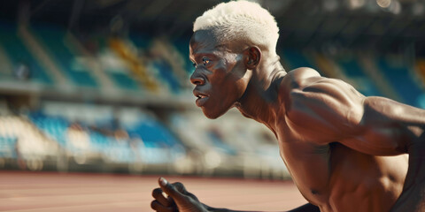 Shirtless african american athlete running on the stadium track.