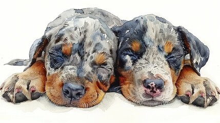   A pair of dogs lounging together on a white floor
