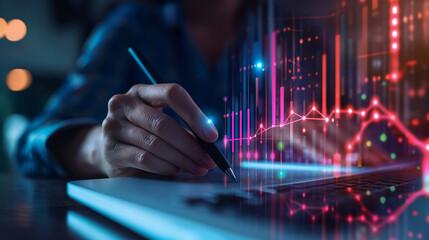 A close-up of a person's hand holding a stylus over a laptop keyboard with glowing digital graphs and data analytics overlay.