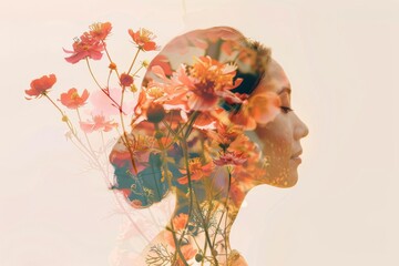 Double exposure portrait and blooms: women's day mental health illustration