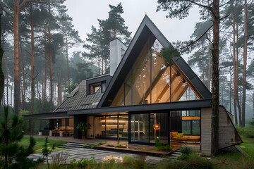 Modern a-frame house in misty forest