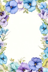 Frame with blue and violet pansy flowers. Watercolor illustration.