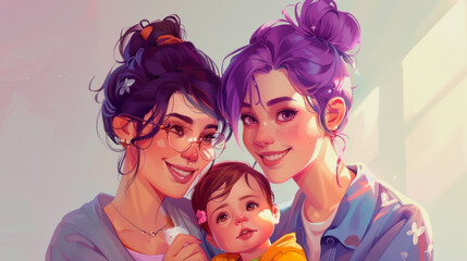 ai generative illustration of a lesbian couple with their toddler