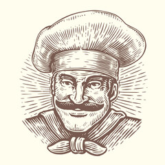 Chef in hat. Hand drawn portrait of cook. Sketch drawing for cafe and restaurant menu