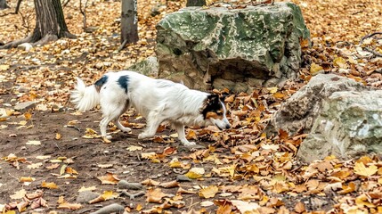 Naklejka na ściany i meble A tiny pooch strolling amidst leafy boulders and golden-brown foliage in the woods