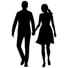 Couple of young guy and girl are walking with keep hand on other person modern pose vector silhouette