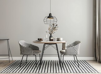 Modern dining room interior with a black and white table, chairs, lamp, and coffee set mock up on a wall background